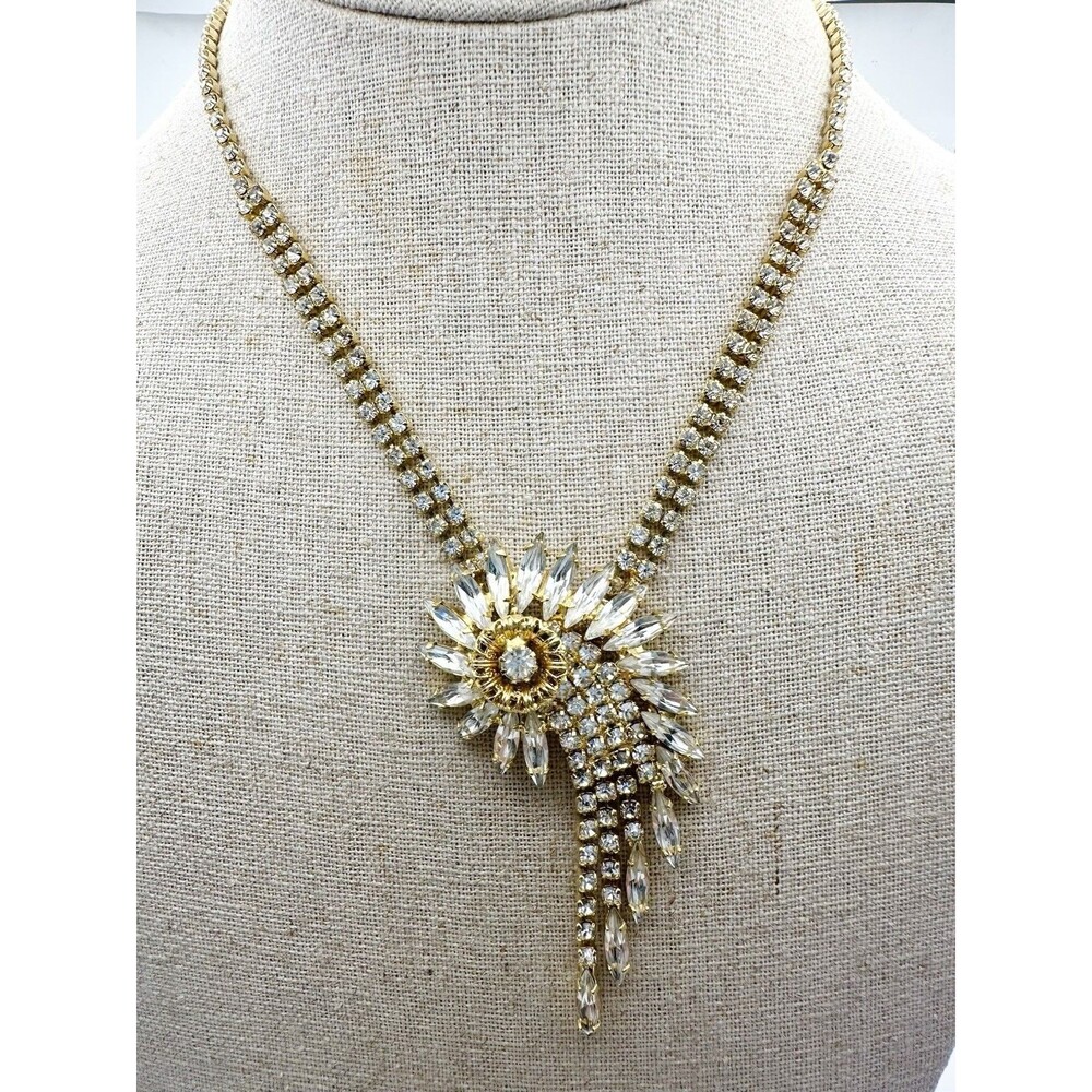 Vintage Unsigned Sunburst Flower Rhinestone Necklace 15”